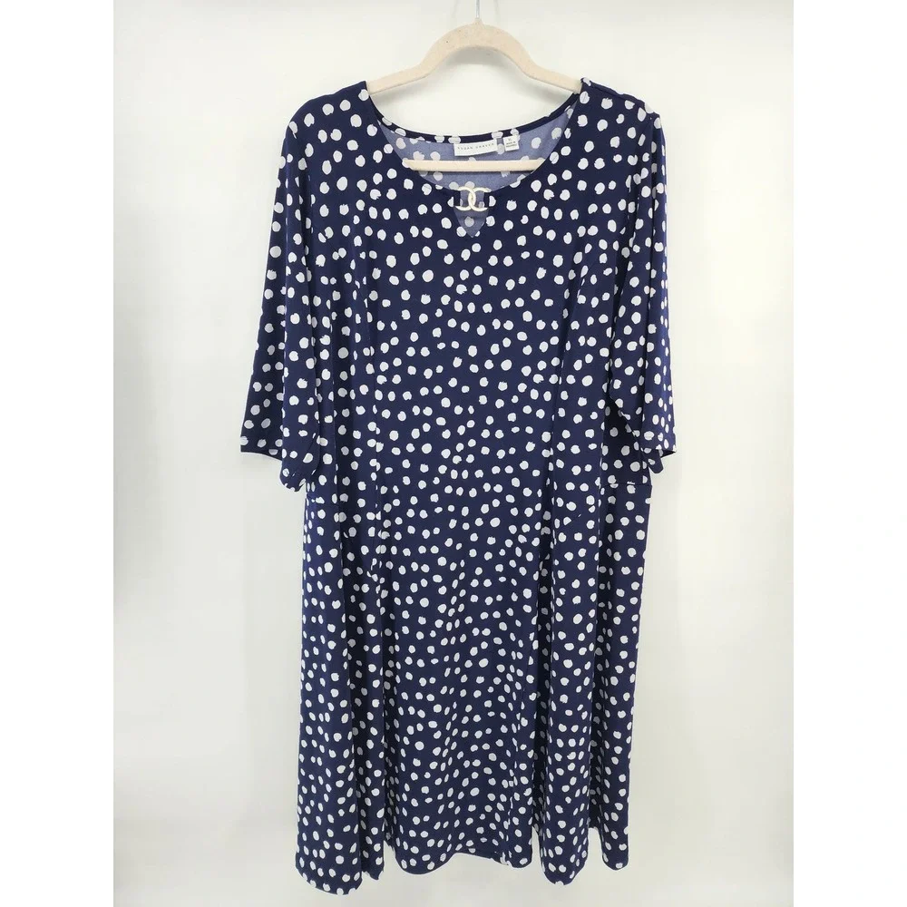 Susan‎ Graver Navy Blue Polka Dot Fit and Flare Dress XL Liquid Knit 3/4 Sleeve